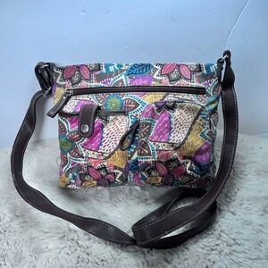 Relic Crossbody Bag Bohemian Floral Print Canvas Leather Trim‎ Adjustable Strap
